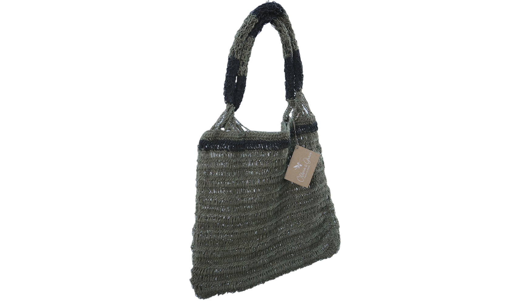 KNS1010-2-10 Crochet Jute Bag Khaki/Black - Image 1