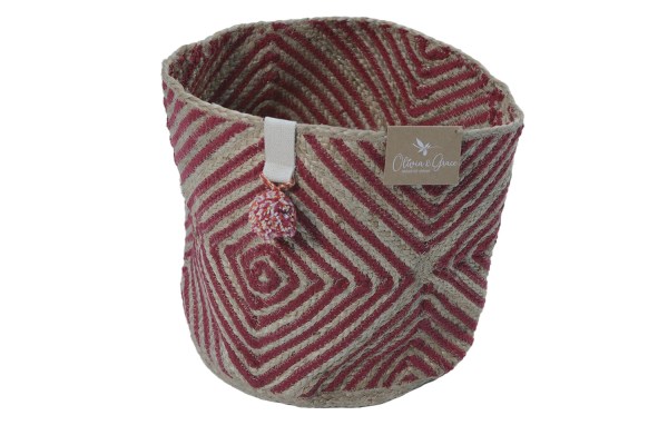 KNS1017_0x400-12 Jute Bag With Pom Pom In Natural And Red 35Cmx35Cm - Image 1
